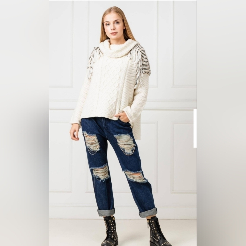 Nwt Twinset Milano Fringe Knit Sweater M Ivory Chunky Cable Knit Cowl Neck